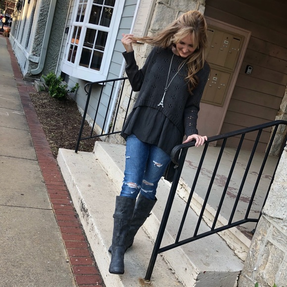 Sweaters - Charcoal Hi/Lo Boho Back Laced Sweater with Tunic